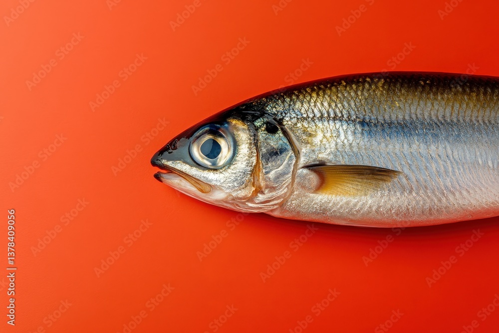 A close up image of a silver fish on red background A close up image of a silver fish on red background