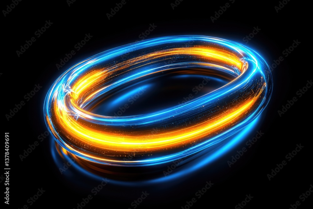 Glowing ring of blue and orange light trails on dark backdrop. Circular, orbiting, electric, futuristic Glowing ring of blue and orange light trails on dark backdrop. Circular, orbiting, electric, futuristic