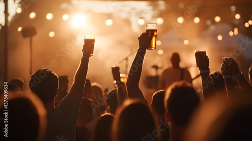 Happy Crowd Cheers Beer at Sunset Music Festival Enjoying Live Concert