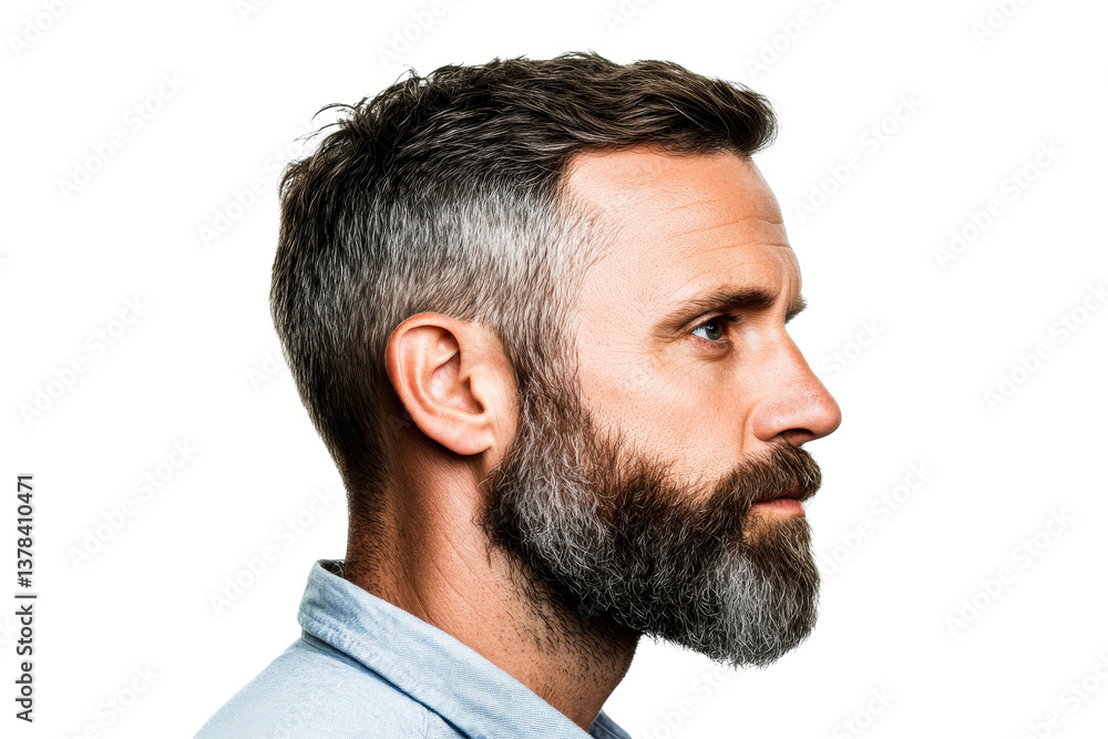 Obraz premium Bearded middle-aged man profile portrait on black background, cut out transparent