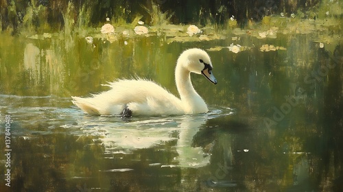Cygnet of a mute swan swimming across a pond in summer