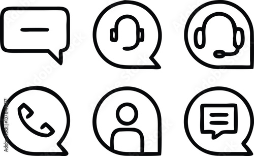 Minimalist Message, Support, Call and Contact Icon Set in Black on Transparent Background
