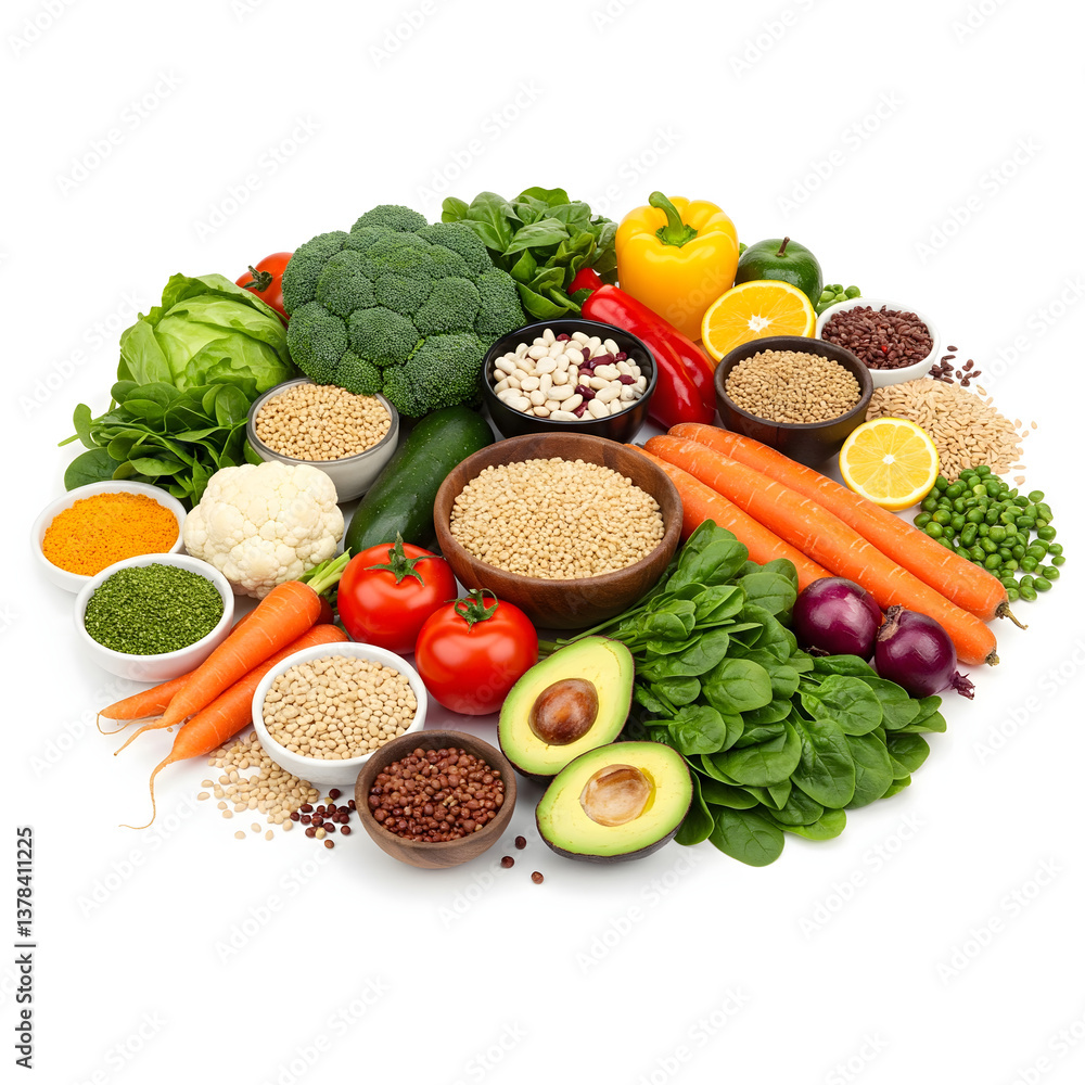 A Symphony of Nutrients: A vibrant ensemble of fresh, organic vegetables, fruits, and grains arranged artfully, representing a celebration of health and wholesome eating A Symphony of Nutrients: A vibrant ensemble of fresh, organic vegetables, fruits, and grains arranged artfully, representing a celebration of health and wholesome eating