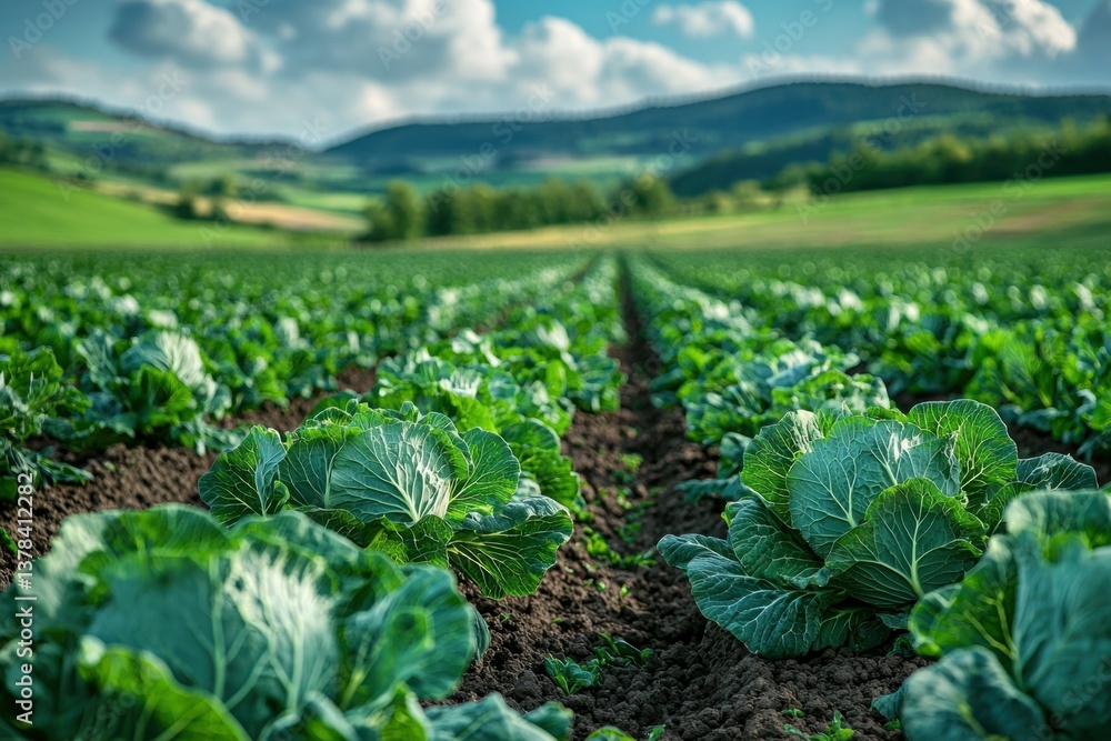 Cabbage Farm: An expansive cabbage field flourishes under a radiant sky, rows of vibrant green heads stretch towards rolling hills, embodying the abundance of agriculture and the beauty of nature. Cabbage Farm: An expansive cabbage field flourishes under a radiant sky, rows of vibrant green heads stretch towards rolling hills, embodying the abundance of agriculture and the beauty of nature.
