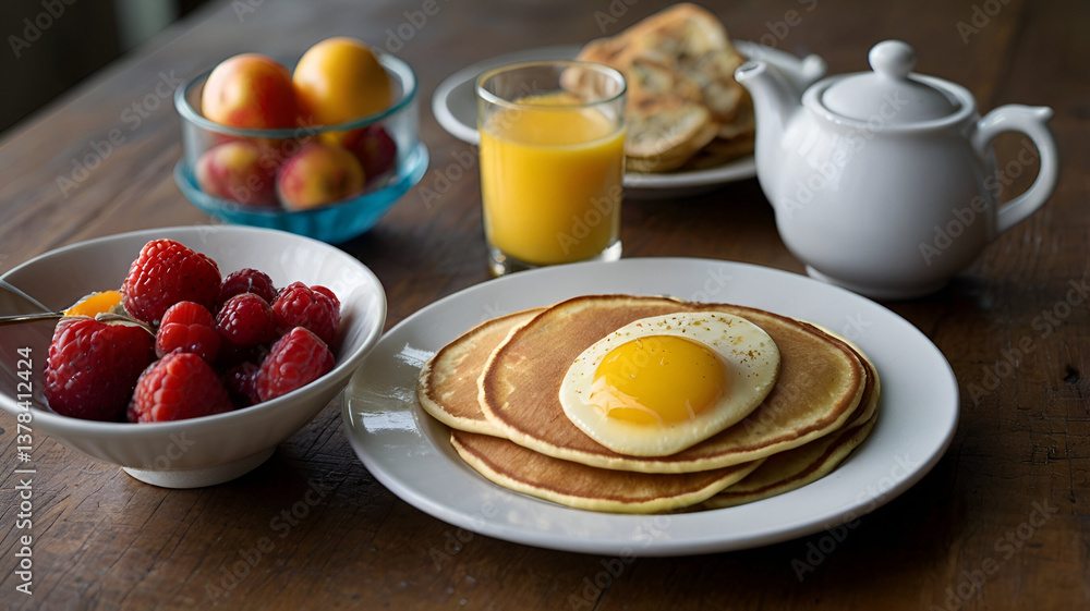 A high-angle shot of a Sunday brunch spread with pancakes, fruit, and coffee.
A high-angle shot of a Sunday brunch spread with pancakes, fruit, and coffee.