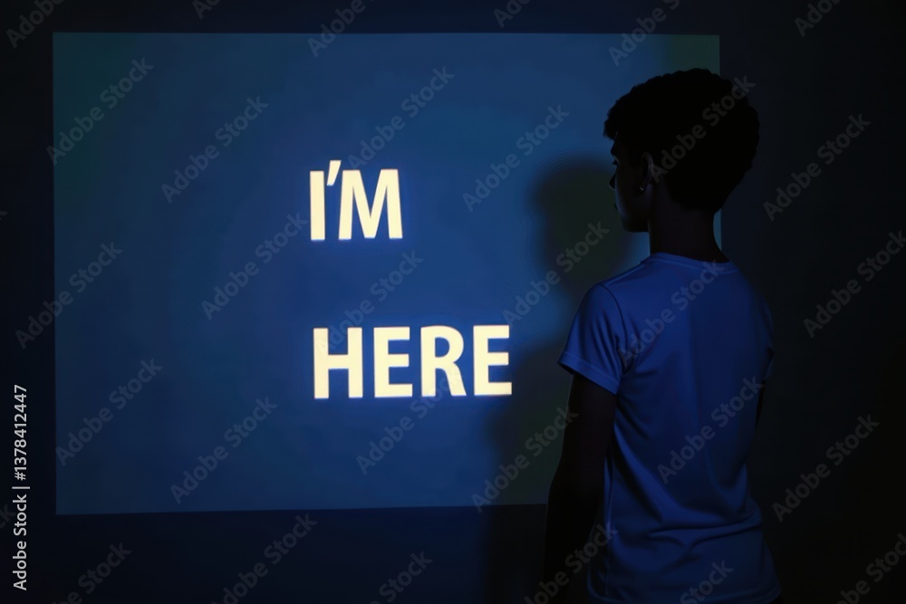 Shadowed person standing illuminated message