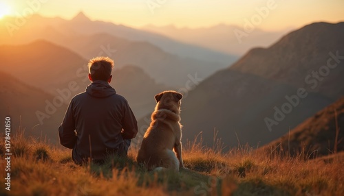 Man with dog sit on hill, enjoy amazing sunset landscape view. Guy owner and pet friend watching nature. Friendship love between dog and man outdoors in morning or evening.