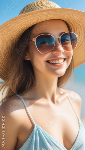 Beach portrait of woman in wide-brimmed hat with sun flare and smile