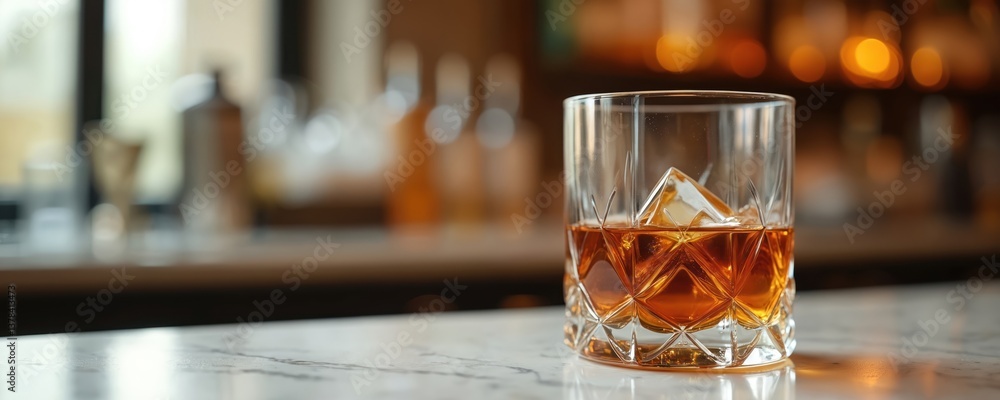 Whiskey glass with ice cube on marble bar counter. Blurred bar background. Amber alcoholic drink with ice, elegant design, ideal for advertising bar menus. Luxurious interior. Whiskey glass with ice cube on marble bar counter. Blurred bar background. Amber alcoholic drink with ice, elegant design, ideal for advertising bar menus. Luxurious interior.