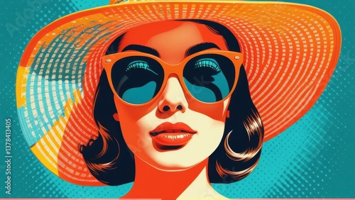 Halftone pop art portrait of stylish woman in 1960s inspired fashion