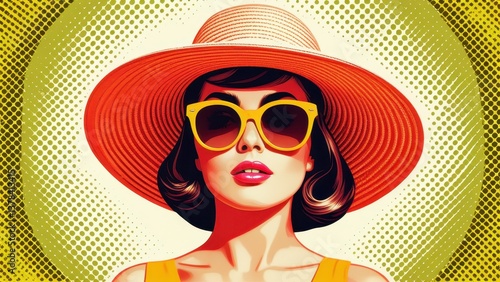 Graphic design of woman in hat and sunglasses with bright contrasting tones