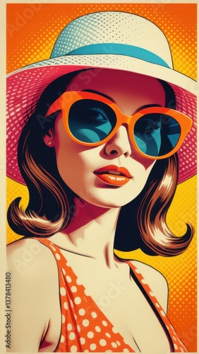 Bold pop art image of sunhat woman in dramatic retro color palette
