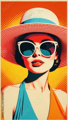 Centered pop art composition of fashion icon with retro accessories