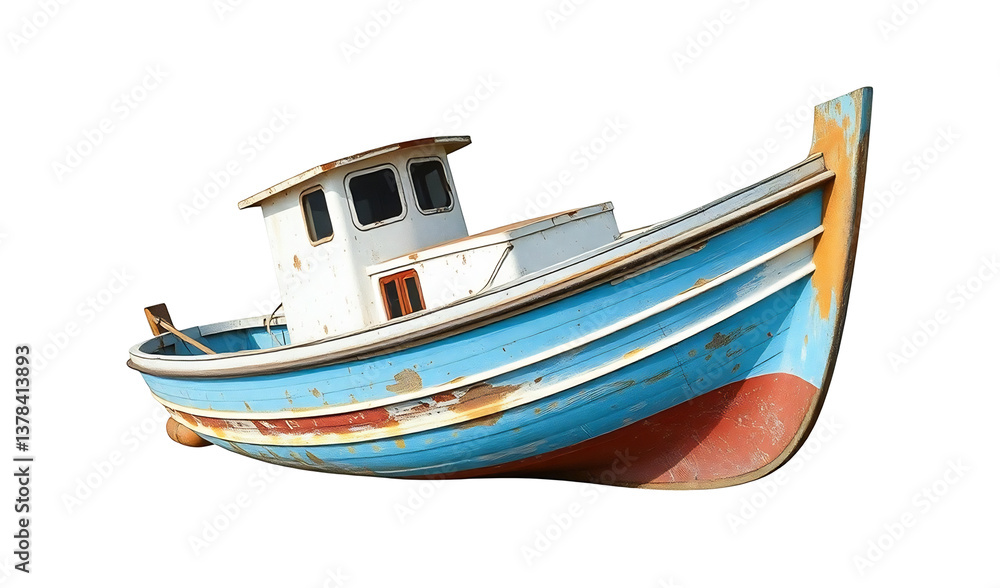 Weathered fishing boat rests gently on white background subtly lit showcasing vibrant blue paint and rustic charm.. AI Generated Weathered fishing boat rests gently on white background subtly lit showcasing vibrant blue paint and rustic charm.. AI Generated