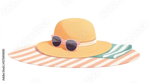Simple vector layout of summer items on towel, isolated on white