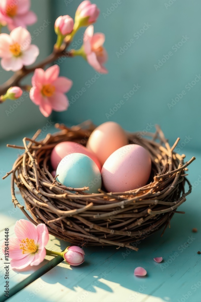 Delicate spring blossoms surrounding a bird's nest filled with eggs on weathered white wood , seasonal, nature Delicate spring blossoms surrounding a bird's nest filled with eggs on weathered white wood , seasonal, nature