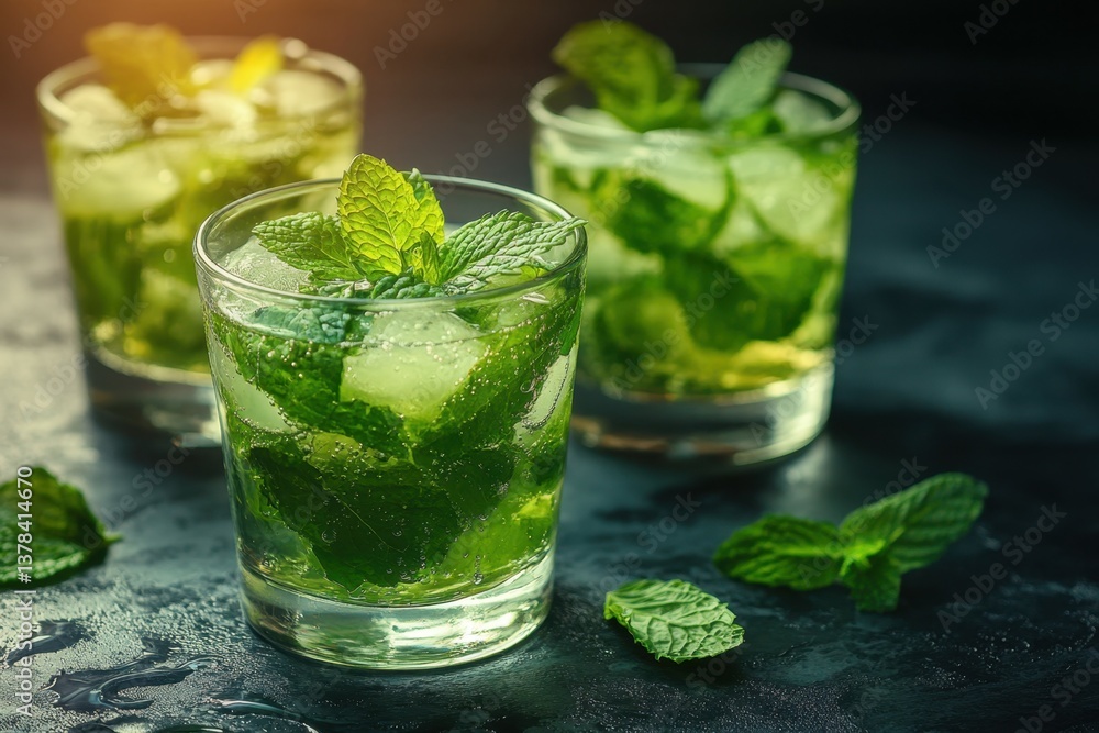 Cool Refreshment: A trio of vibrant mint mojitos, each garnished with fresh mint leaves and sparkling ice cubes, offers a tantalizing glimpse of summer's cool refreshment. Cool Refreshment: A trio of vibrant mint mojitos, each garnished with fresh mint leaves and sparkling ice cubes, offers a tantalizing glimpse of summer's cool refreshment.