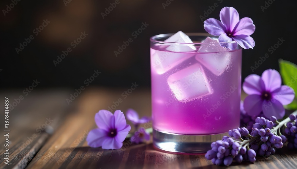 Elegant lavender cocktail, garnish & blooms on wood, lilac, bar Elegant lavender cocktail, garnish & blooms on wood, lilac, bar