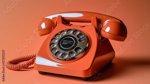 A photorealistic digital image of an antique rotary telephone in bright orange and brass, set against a solid orange background.