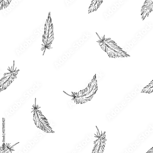 Seamless pattern with hand drawn bird feathers in ink line art style. Repeating design on dark background, ideal for textile prints, wrapping paper, wedding projects, or rustic stationery.