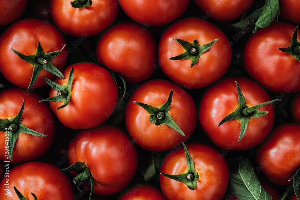 Fresh, ripe tomatoes. Close-up view of many whole tomatoes arranged tightly together. Vibrant red color and stems Fresh, ripe tomatoes. Close-up view of many whole tomatoes arranged tightly together. Vibrant red color and stems