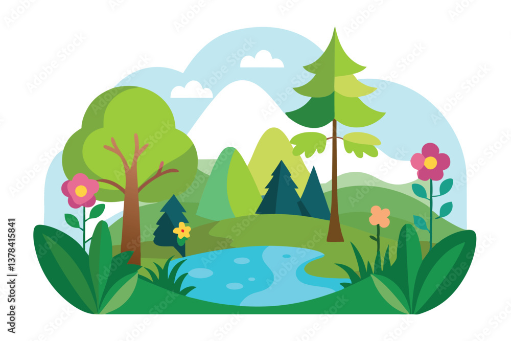 Obraz premium Colorful Forest with Blue Pond Trees & Flowers on White Background