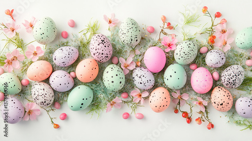 Pastel speckled Easter eggs arranged with pink flowers and greenery on a white background, creating a festive and springlike scene, ideal for holiday greetings or seasonal promotions