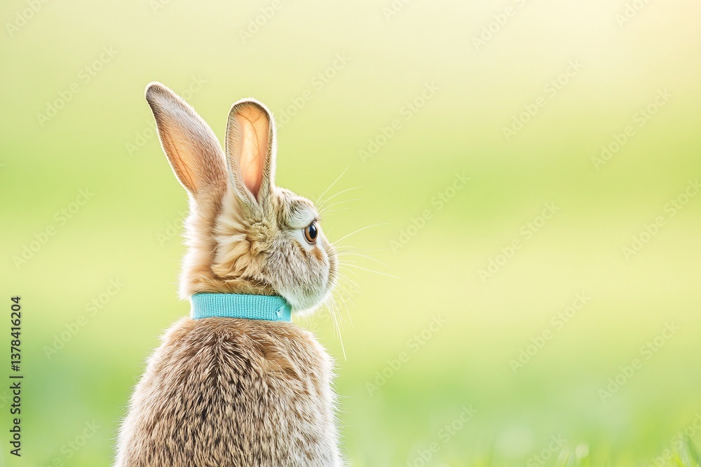 Obraz premium A curious bunny wearing a light blue collar gazes into a sun-drenched meadow, bathed in soft, warm light.