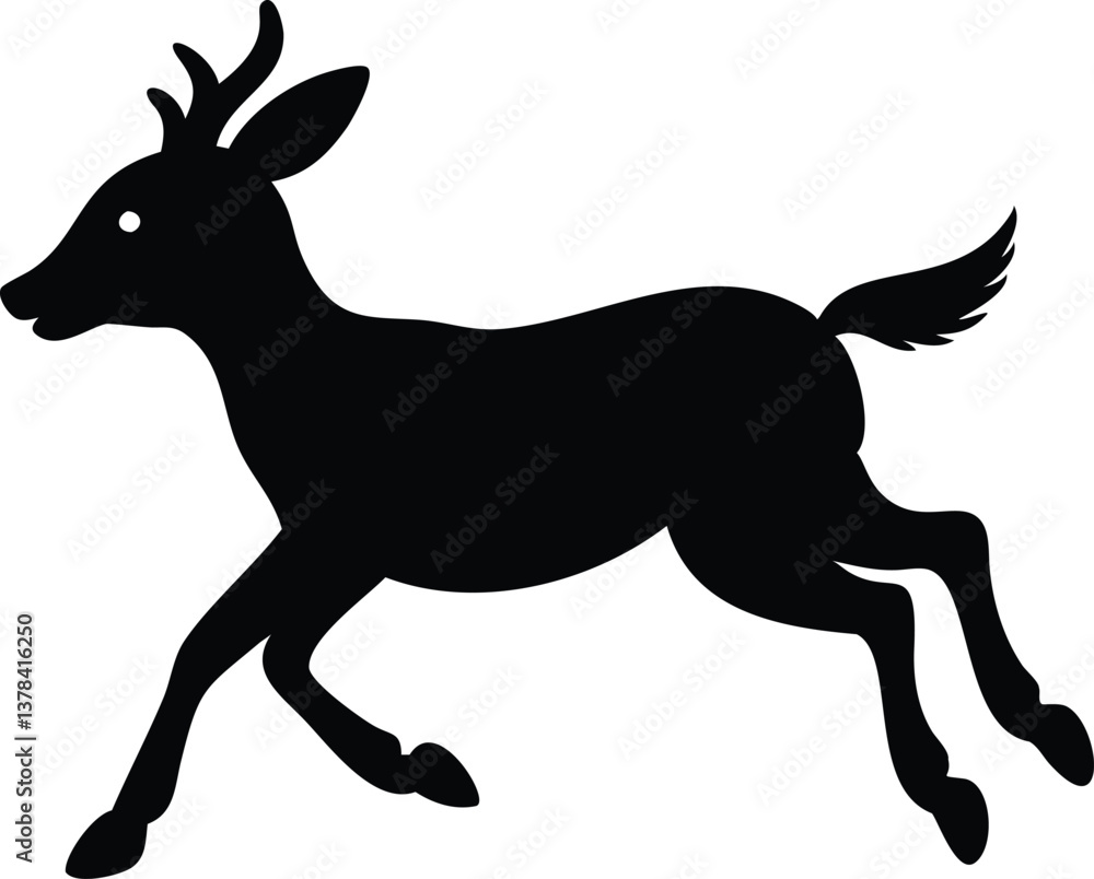 Fototapeta premium Running Fawn Silhouette on White Background, Leaping Reindeer, Black Deer Shape