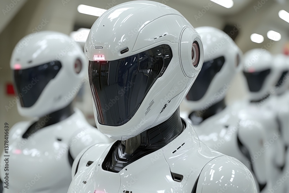 A line of sleek, futuristic white robots stand aligned, reflecting advanced technology A line of sleek, futuristic white robots stand aligned, reflecting advanced technology