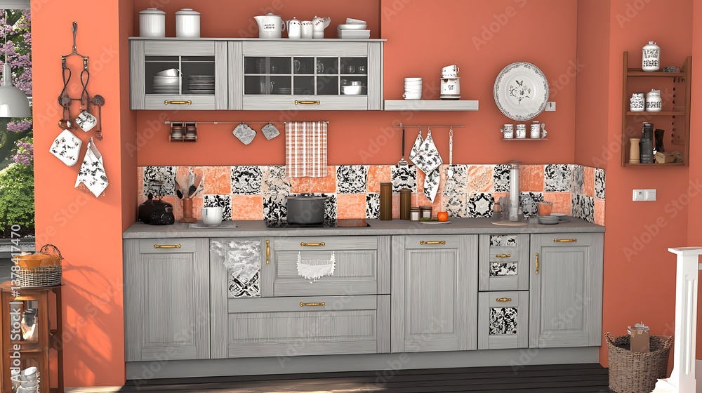 A stylish and modern kitchen with attractive orange walls A stylish and modern kitchen with attractive orange walls