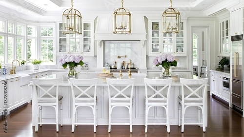 A bright and modern kitchen with white cabinetry and island seating