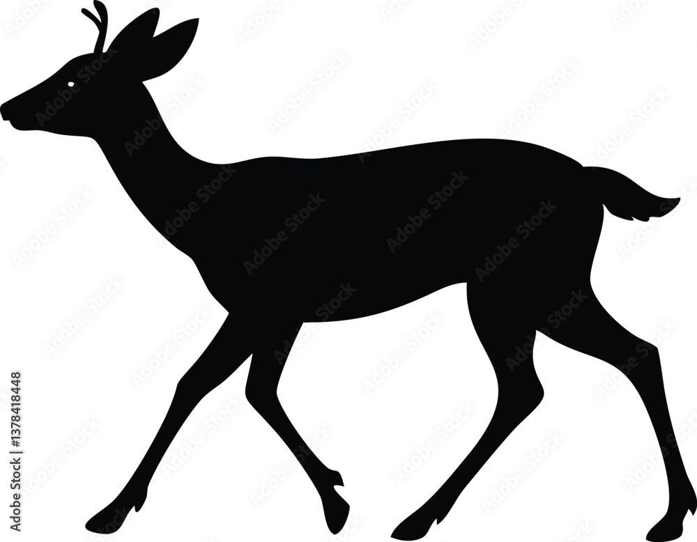 Obraz premium Silhouette of a Walking Deer with Small Antlers on Transparent Background