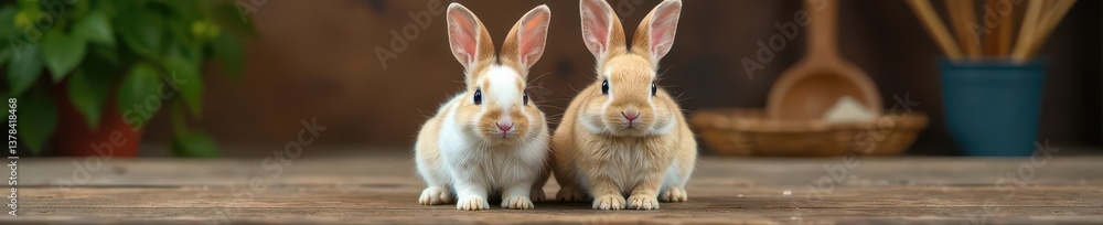 Fototapeta premium Two pairs bunny ears, tiny hands, beneath rustic table, stock, bunny