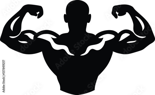 Silhouette of Muscular Bodybuilder with Arms Flexed on Transparent Background