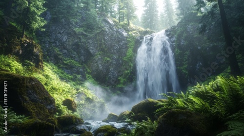 Majestic forest waterfall with sunlight and lush greenery