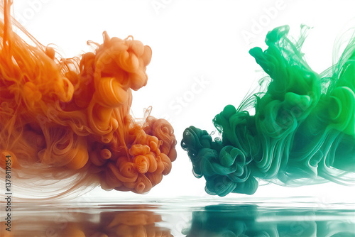 Orange and green ink drops mixing in water creating abstract fluid art. Colorful paint swirls forming dynamic underwater clouds with artistic flow patterns on white background with copy space.