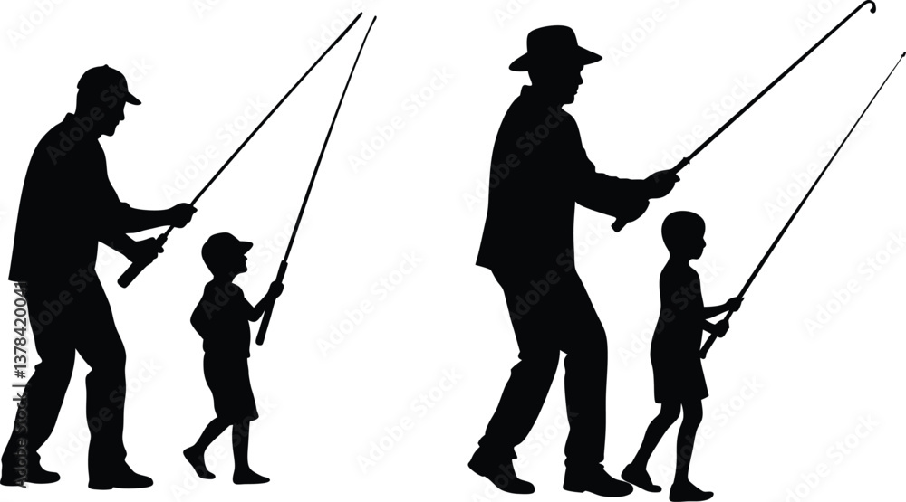 Obraz premium Father and son fishing silhouette