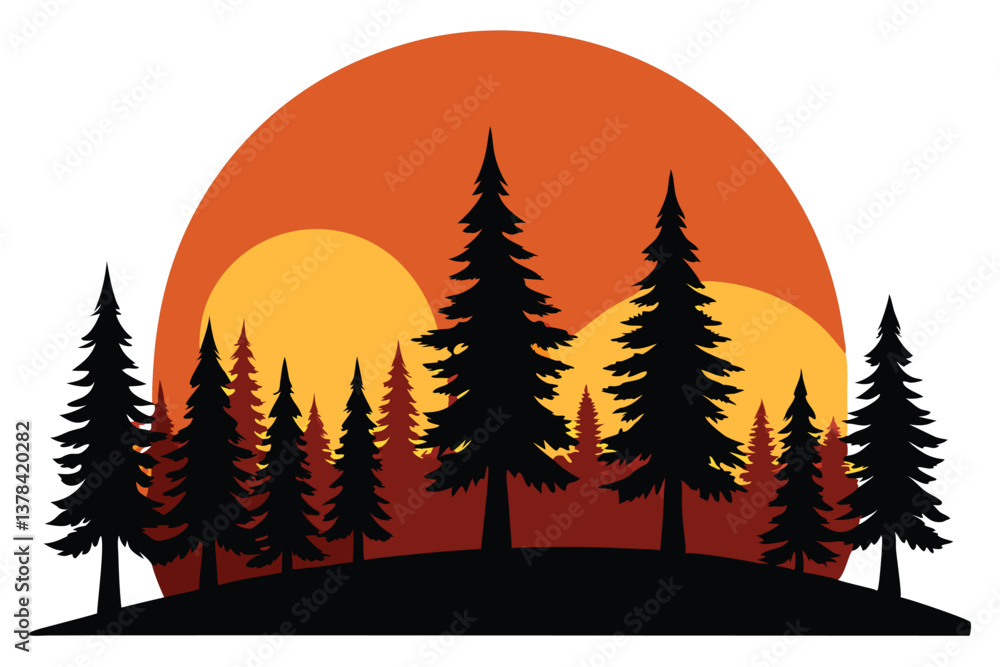 Obraz premium Evergreen Trees Silhouette Against Yellow and Orange Sunset Design