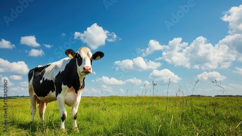 Dairy Cow in a Field: A black and white dairy cow stands in a vibrant green field under a bright blue sky filled with fluffy clouds.