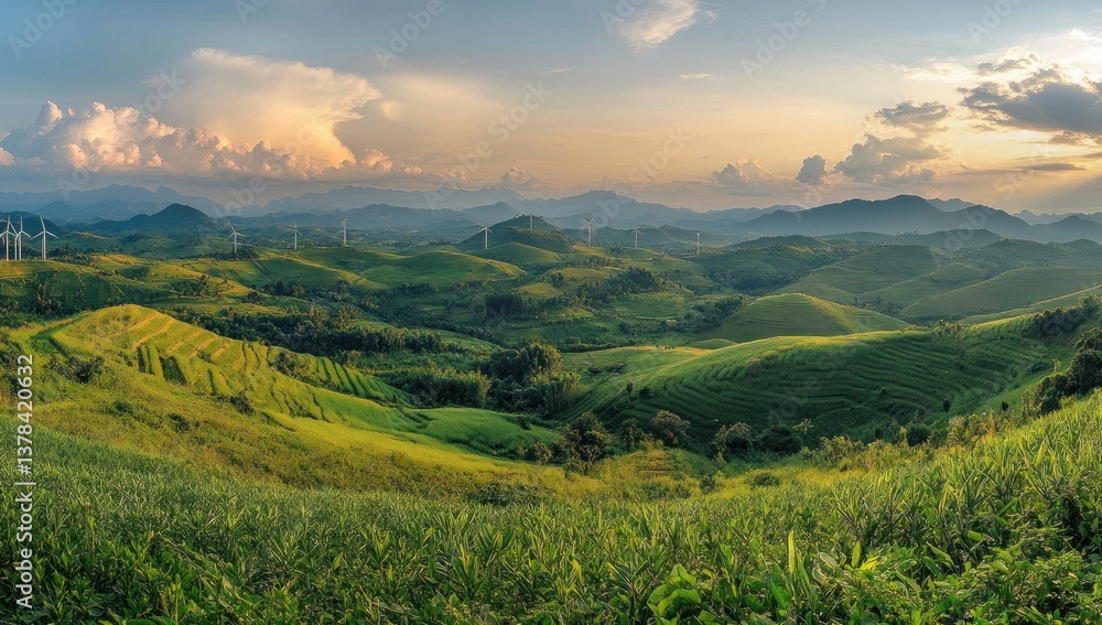 Verdant Rolling Hills With Wind Turbines Under A Cloudy Sky Verdant Rolling Hills With Wind Turbines Under A Cloudy Sky