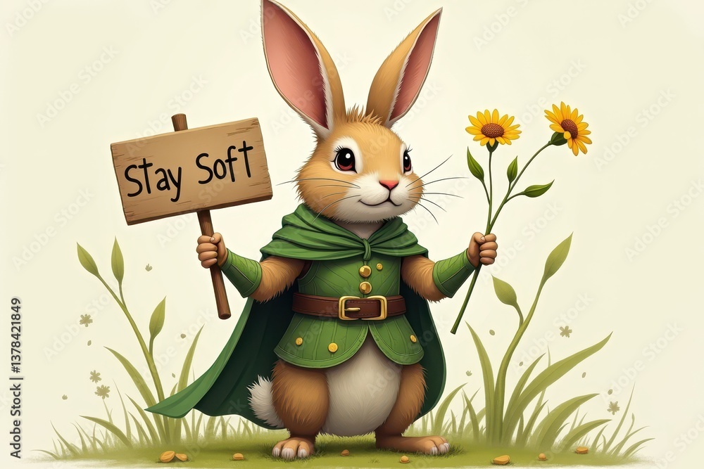Bunny holding sign sunflower in whimsical