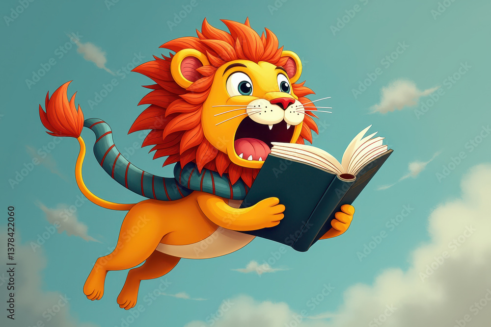 Lion reading book in sky