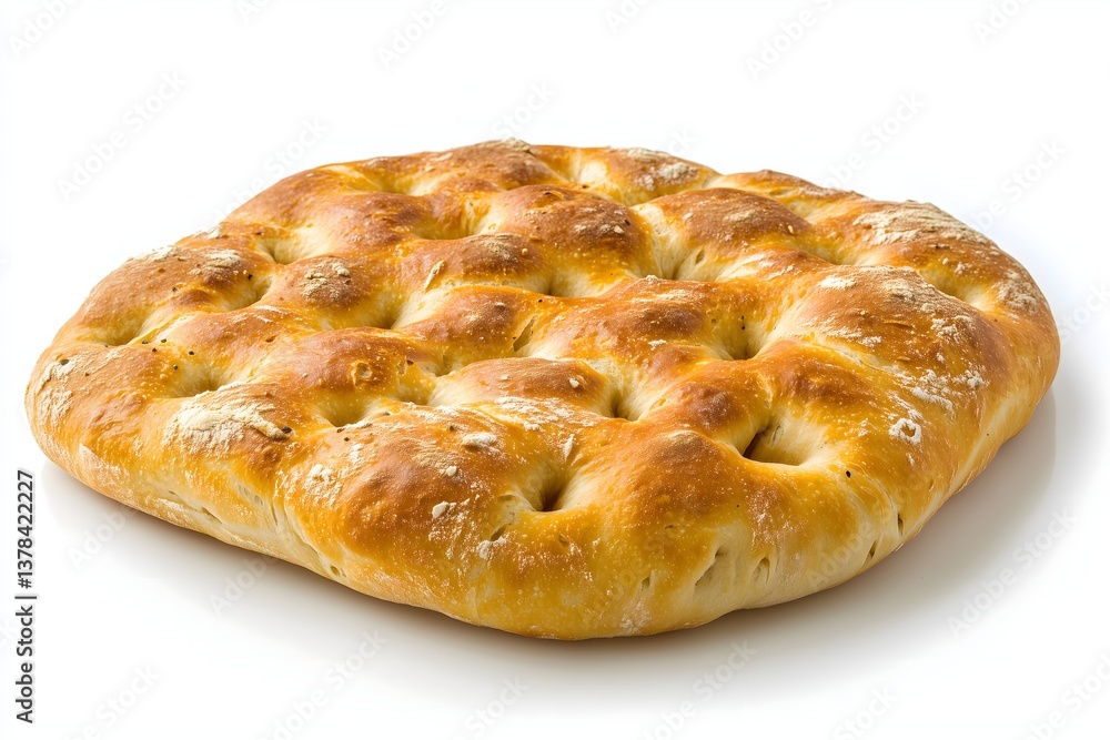 A plain and golden brown focaccia isolated on a white background A plain and golden brown focaccia isolated on a white background
