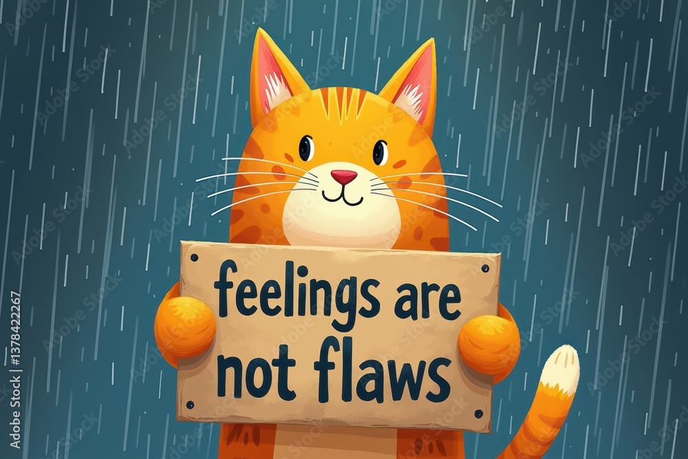 Feelings are flaws: cute orange cat in rain