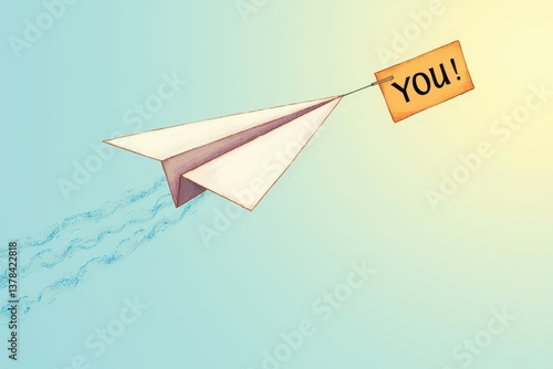 Paper plane carrying positive message blue sky