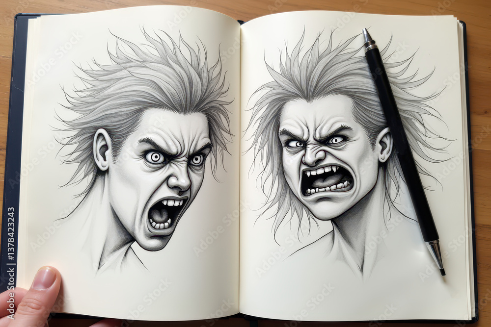 Sketchbook of expressive angry faces with pen detail