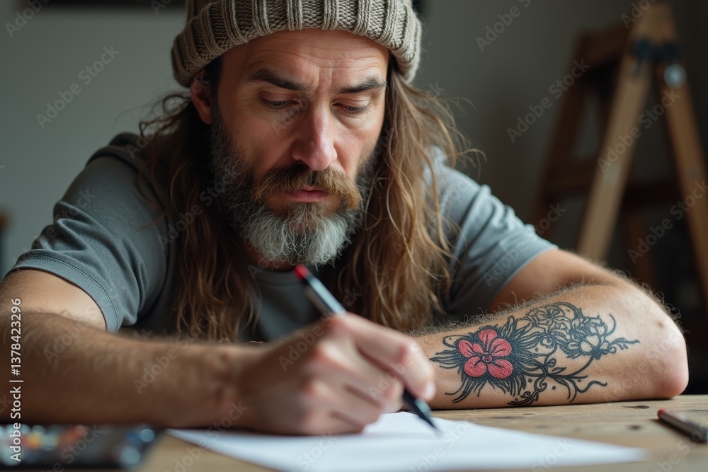 Man with tattoo writing at desk in cozy setting