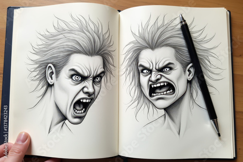 Obraz na płótnie Sketchbook of expressive angry faces with pen detail w salonie