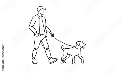 Man walks with dog continious line drawing. Pets, family, domestic animal. Vector illustration